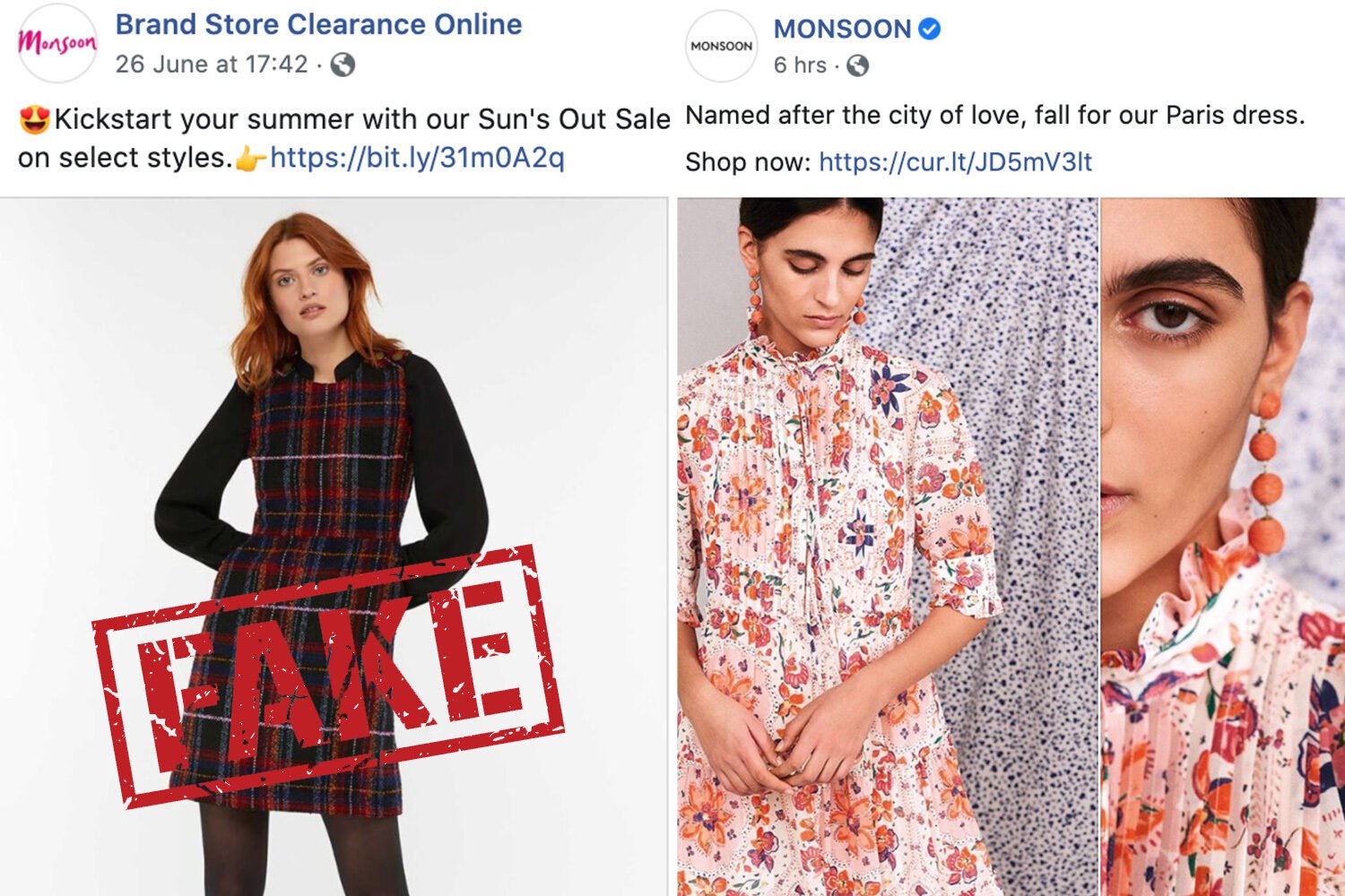 A shop, under the name of Brand Store Clearance Online (left) impersonated the Monsoon Facebook page (right)