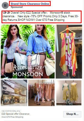 A targeted ad from the counterfeit goods website, Brand Store Clearance Online, is seen on Facebook